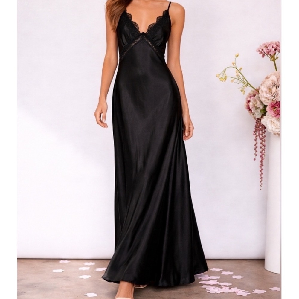 Sincerely Jules Black Satin Lace Trim Maxi Slip Dress Whimsigoth Witchy Size M